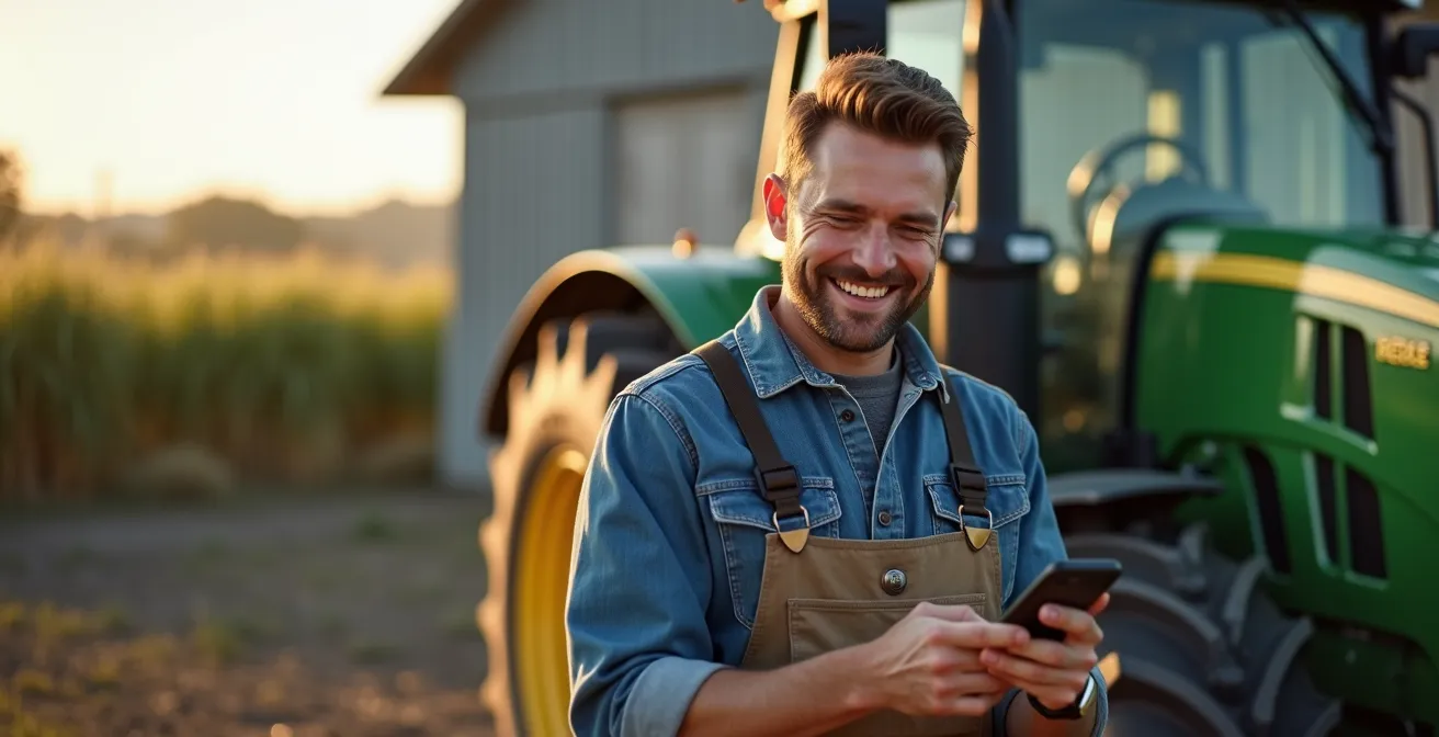 Agriculteur souriant utilisant un smartphone devant son tracteur moderne