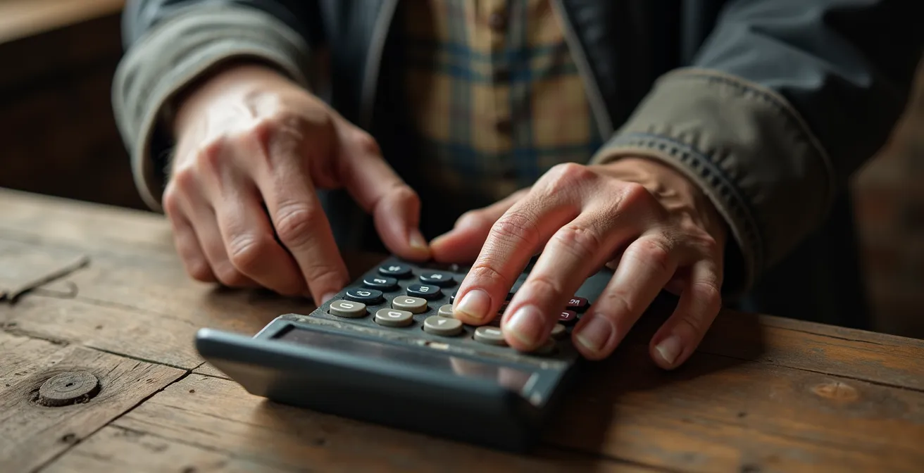 Mains d'agriculteur travaillant avec une calculatrice sur un bureau en bois rustique