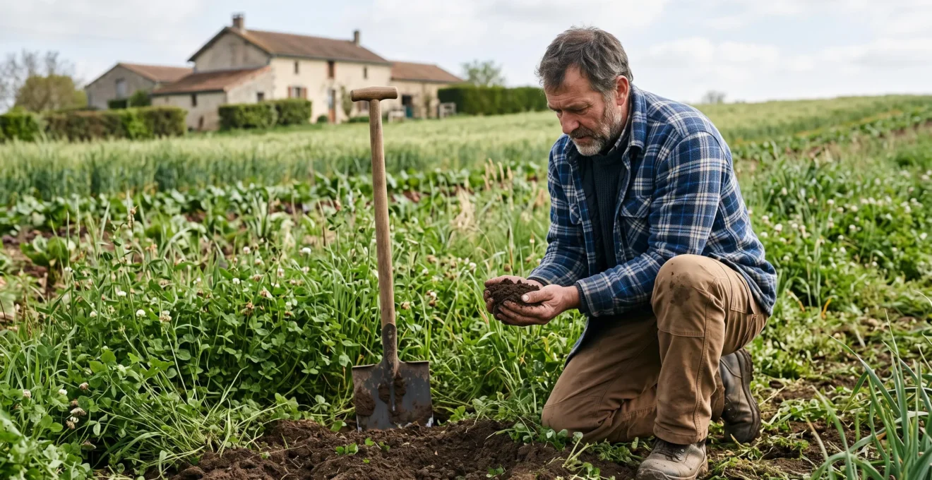 Un agriculteur examine une poignée de sol dans une parcelle en agriculture régénératrice, en campagne française.