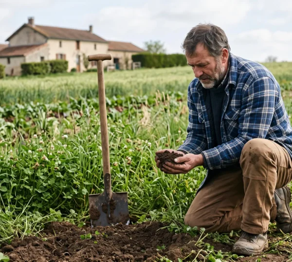 Un agriculteur examine une poignée de sol dans une parcelle en agriculture régénératrice, en campagne française.