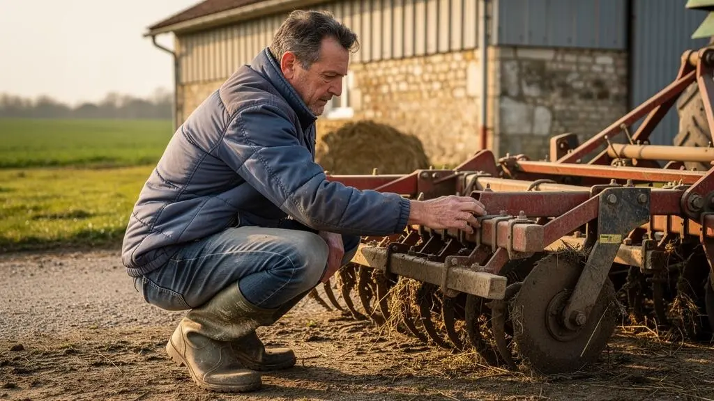 Un agriculteur inspecte les dents et les pointes d'usure d'un déchaumeur à dents stationné dans une cour de ferme.