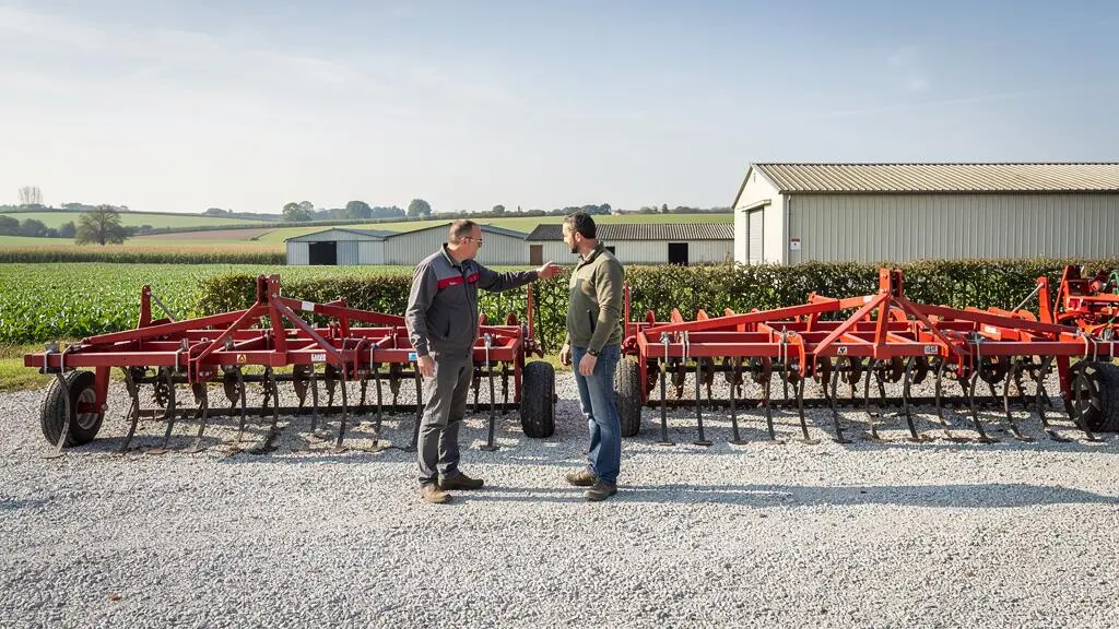 Un agriculteur et un vendeur comparent un déchaumeur à dents et un outil à disques exposés dans une cour de concession agricole.
