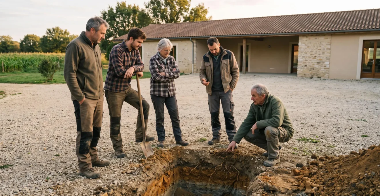 Un formateur présente un profil de sol creusé dans une parcelle de démonstration à un groupe d'agriculteurs en formation.