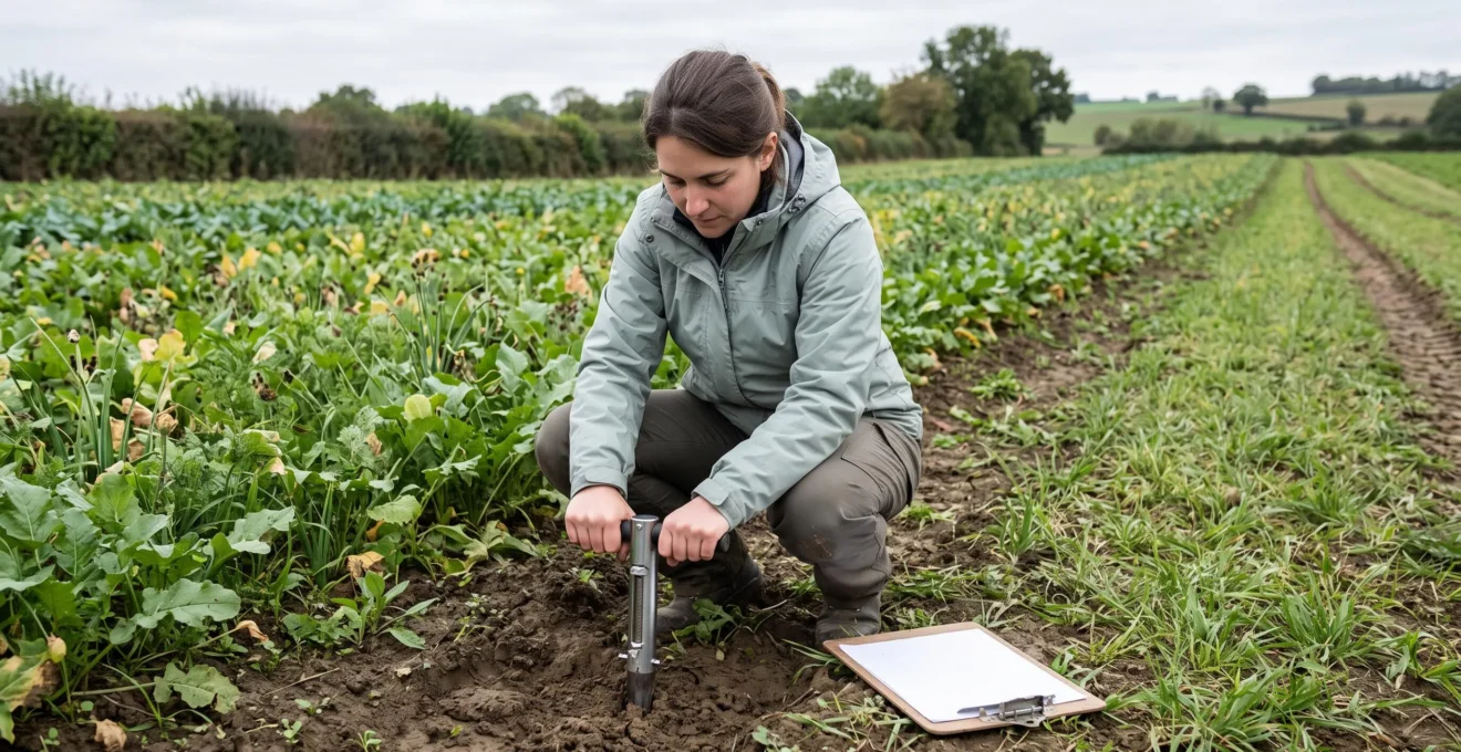 Une technicienne agricole mesure la compaction du sol avec un pénétromètre manuel dans un champ couvert de cultures.